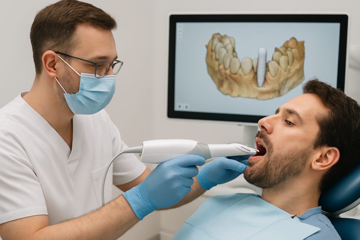 Image of a dentist using digital scanning technology to plan the placement of a dental implant on a patient, with a 3D model of the patient's jaw visible on a screen. No text on the image.