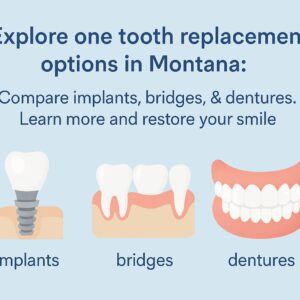 A visual comparison of "one tooth replacement options," showcasing a dental implant, a fixed dental bridge, and a removable partial denture side-by-side. No text on the image.