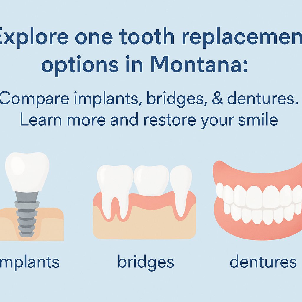 A visual comparison of "one tooth replacement options," showcasing a dental implant, a fixed dental bridge, and a removable partial denture side-by-side. No text on the image.